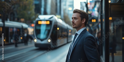 A man in a suit stands on a street corner next to a train. The scene is set in a city with a busy atmosphere