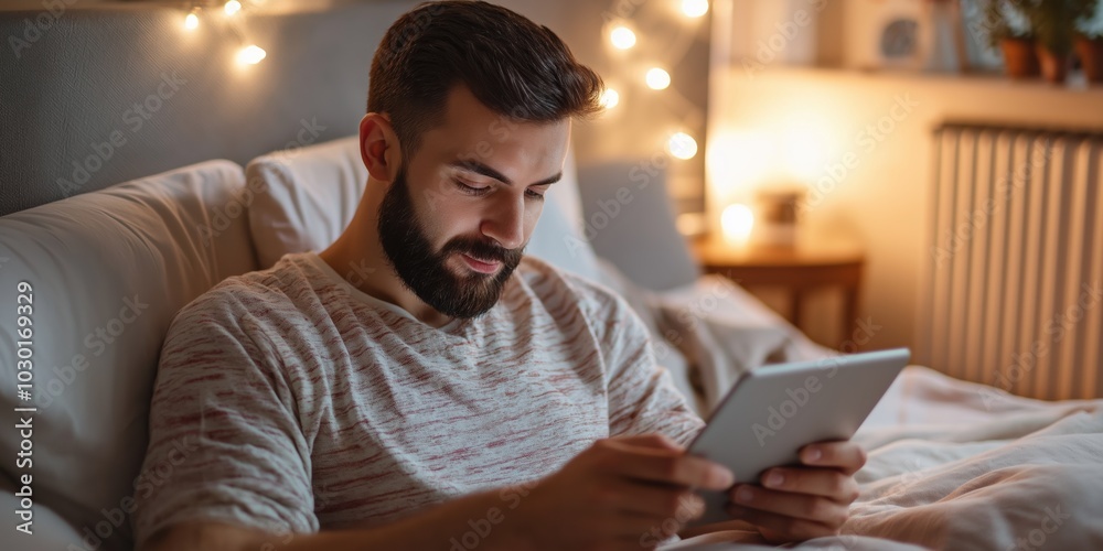 A man is lying in bed with a tablet in his hand. He is looking at the screen with a serious expression on his face A man is lying in bed with a tablet in his hand. He is looking at the screen with a serious expression on his face