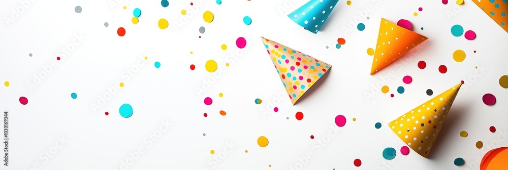 A colorful background with a bunch of party hats scattered around. The hats are of different colors and sizes, and they are placed in various positions. Scene is festive and celebratory A colorful background with a bunch of party hats scattered around. The hats are of different colors and sizes, and they are placed in various positions. Scene is festive and celebratory