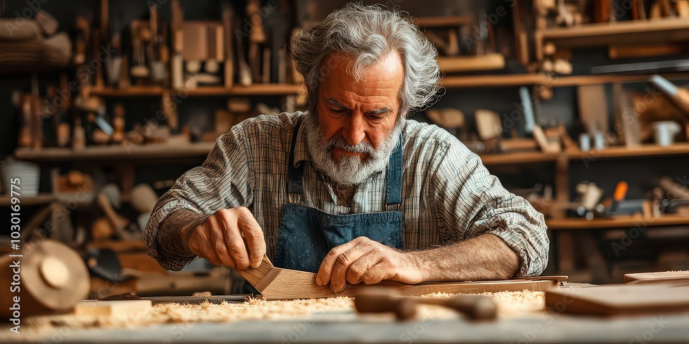 Woodworking hobbyist in workshop focused on shaping wooden piece with chisel. Woodworking hobbyist in workshop focused on shaping wooden piece with chisel.