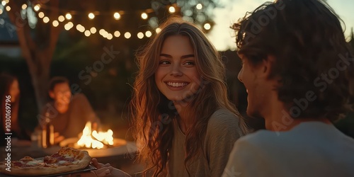  Outdoor backyard celebration with teenagers laughing and enjoying themselves by fire pit.