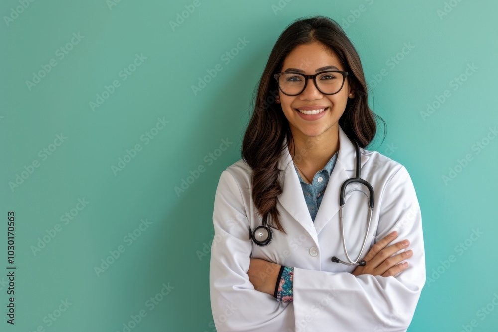 Hispanic woman doctor smiling glasses adult green. Hispanic woman doctor smiling glasses adult green.