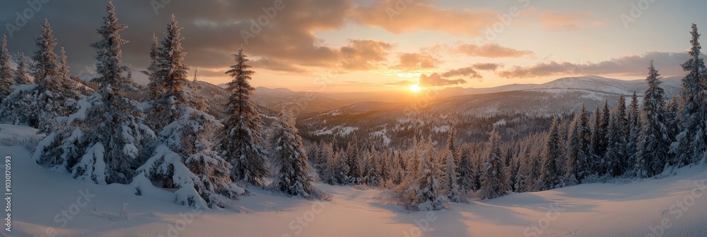 Stunning winter landscape captured during sunset. Snow-covered trees frame a peaceful valley. This scenic view invites tranquility and inspiration. Perfect for nature lovers. AI Stunning winter landscape captured during sunset. Snow-covered trees frame a peaceful valley. This scenic view invites tranquility and inspiration. Perfect for nature lovers. AI