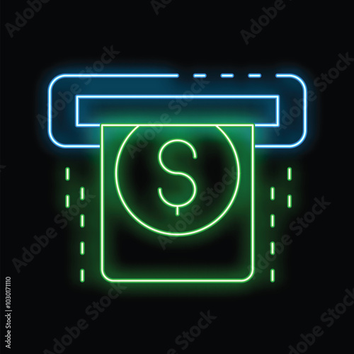Green and blue neon glowing atm with dollar bill being withdrawn on a dark background