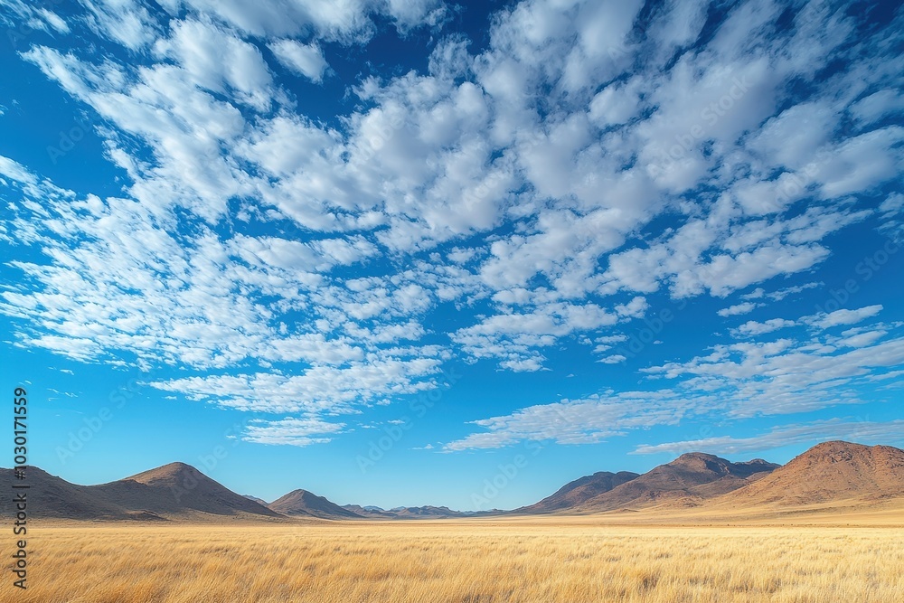 Golden grass field with scattered clouds and distant mountains under a bright blue sky Golden grass field with scattered clouds and distant mountains under a bright blue sky
