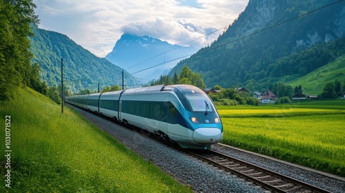 Sleek Train Gliding Through a Lush Green Valley – A Modern Travel Experience