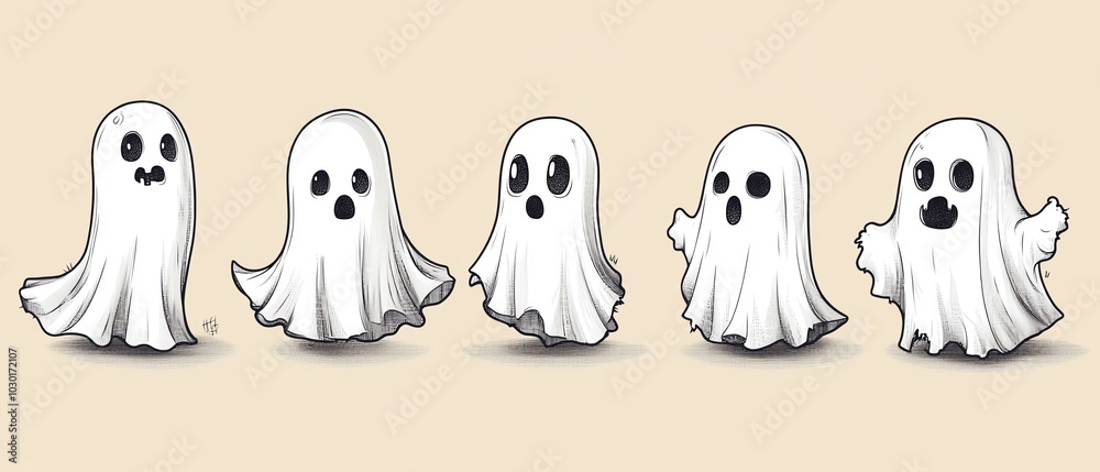 Whimsical simple line art ghosts in a vector style, emphasizing their playful nature and cute designs, ideal for Halloween graphics Whimsical simple line art ghosts in a vector style, emphasizing their playful nature and cute designs, ideal for Halloween graphics