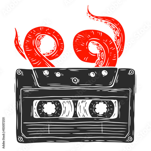 Octopus tentacles emerge from classic audio cassette. Hand drawn vector art in sketch style. Creative fashion illustration for print, tattoo.