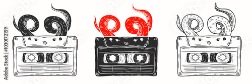 Octopus tentacles emerge from classic audio cassette. Hand drawn vector art in sketch style. Creative fashion illustration for print, tattoo.