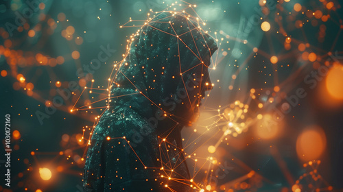 Anonymous Hacker Engaged in Cyber Warfare, Immersed in a Luminous Data Network, Cybersecurity and Cybercrime Interface