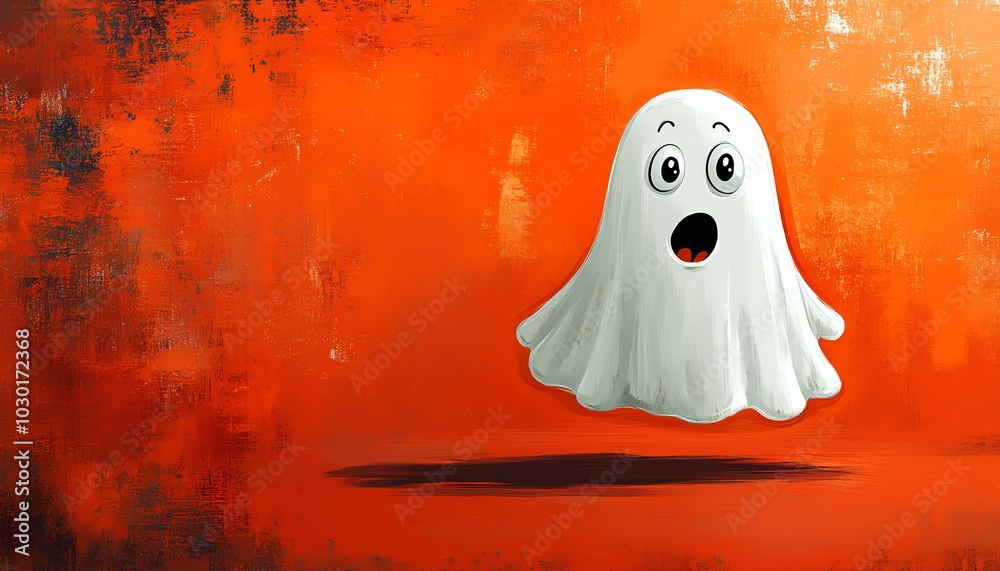 A whimsical cartoon ghost with a surprised expression floating playfully against a bold orange background, adding a fun twist to the classic spooky character A whimsical cartoon ghost with a surprised expression floating playfully against a bold orange background, adding a fun twist to the classic spooky character