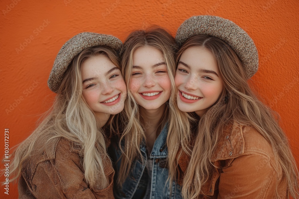 Fototapeta premium On an orange background, a mother and two daughters are happy