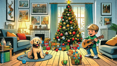 A child playing in the family room with his dog, 1 Christmas tree with decorations