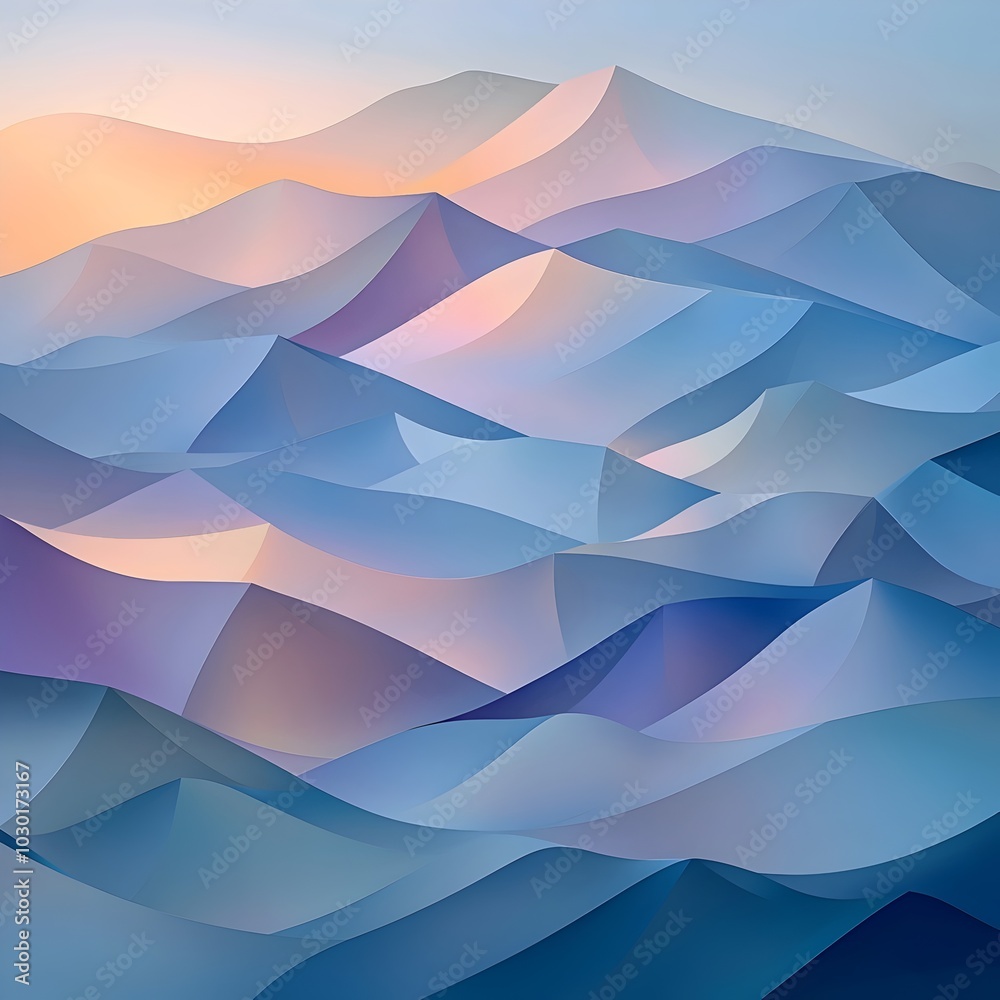Abstract geometric landscape with a gradient of blue, purple, and pink hues. The image suggests a mountain range at sunset. Abstract geometric landscape with a gradient of blue, purple, and pink hues. The image suggests a mountain range at sunset.