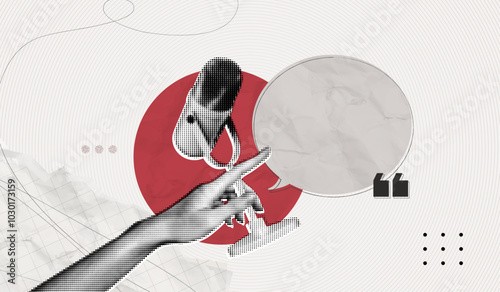 Trendy Halftone Collage Online Broadcasting concept. Hand with Microphone and Speech bubble message. Audio recording of interview. Talking in podcast. Contemporary vector art illustration