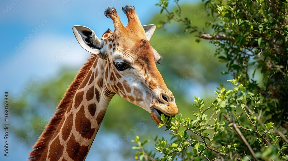 Giraffe Reaching for Leaves in a Lush Green Tree Giraffe Reaching for Leaves in a Lush Green Tree
