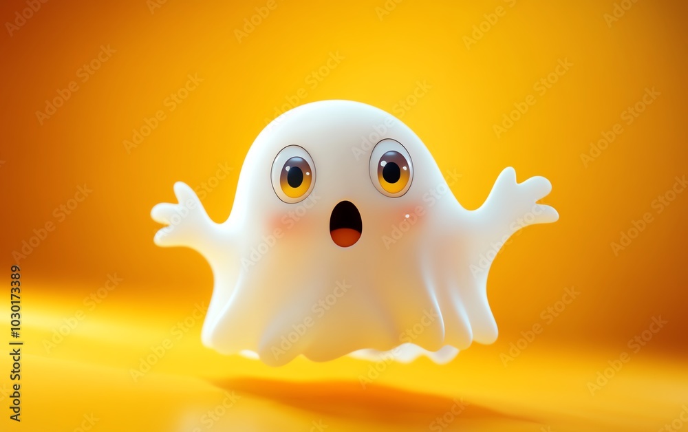 Cute cartoon ghost with wide eyes and a surprised expression, hovering against a vibrant orange backdrop, creating a lighthearted and playful Halloween vibe
