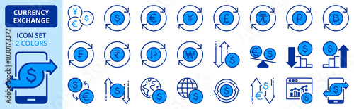 Icons in two colors about currency exchange