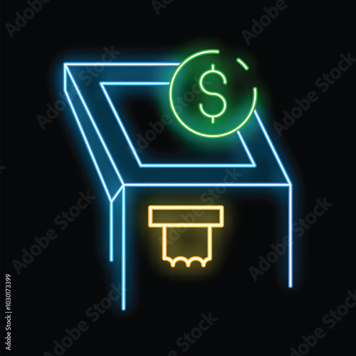 Neon sign depicting a donation box receiving a dollar coin, symbolizing charitable giving and financial support