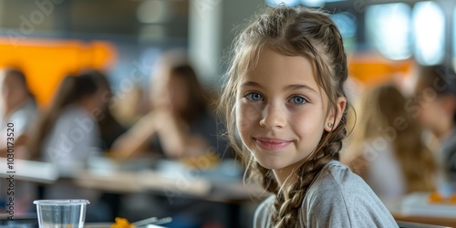 Young girl enjoying lunch in a school cafeteria during lunchtime with friends nearby