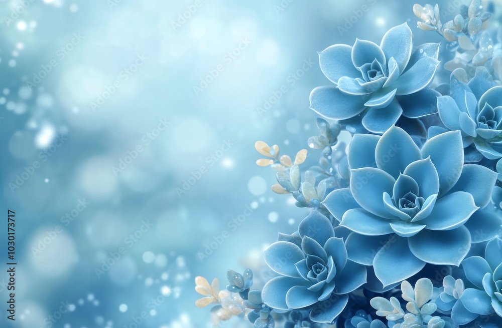 An image of a stonerose flowerbud in blue, with a blurry background and particles. It is focused selectively on the blossom.