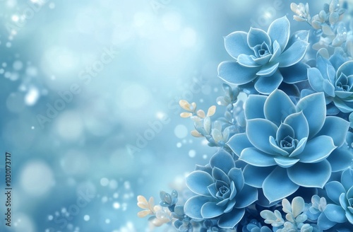 An image of a stonerose flowerbud in blue, with a blurry background and particles. It is focused selectively on the blossom. photo