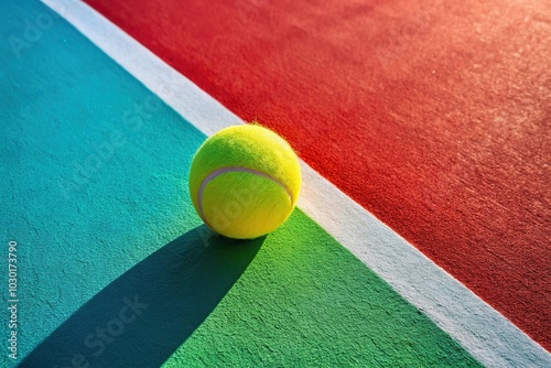 Minimalist tennis ball on vividly colored court with shadow casting