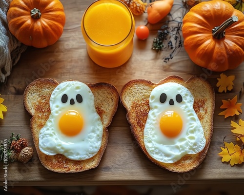 Fun and inviting Halloween breakfast for two with ghostshaped fried eggs on toast, colorful drinks, and pumpkins, beautifully arranged on a warm wooden dining table photo