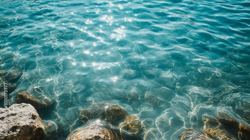 Clear Turquoise Water  Beach Rocks  Summer Sea  Sun Glare  Ocean Surface photo