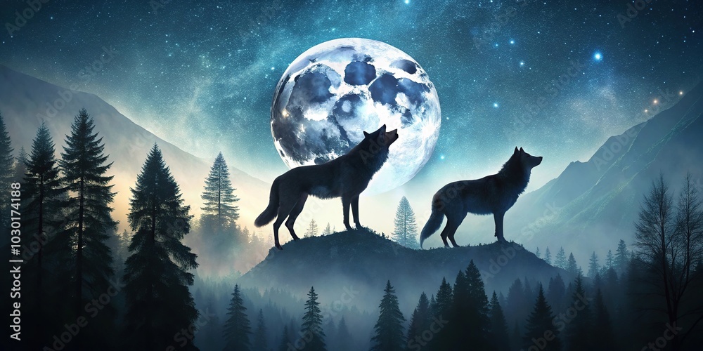 Minimalist triple exposure of wolves in forest and mountains at night with full moon and stars Minimalist triple exposure of wolves in forest and mountains at night with full moon and stars