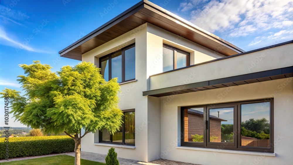 Minimalist villa with mimosa tree and PVC windows at a tilted angle Minimalist villa with mimosa tree and PVC windows at a tilted angle