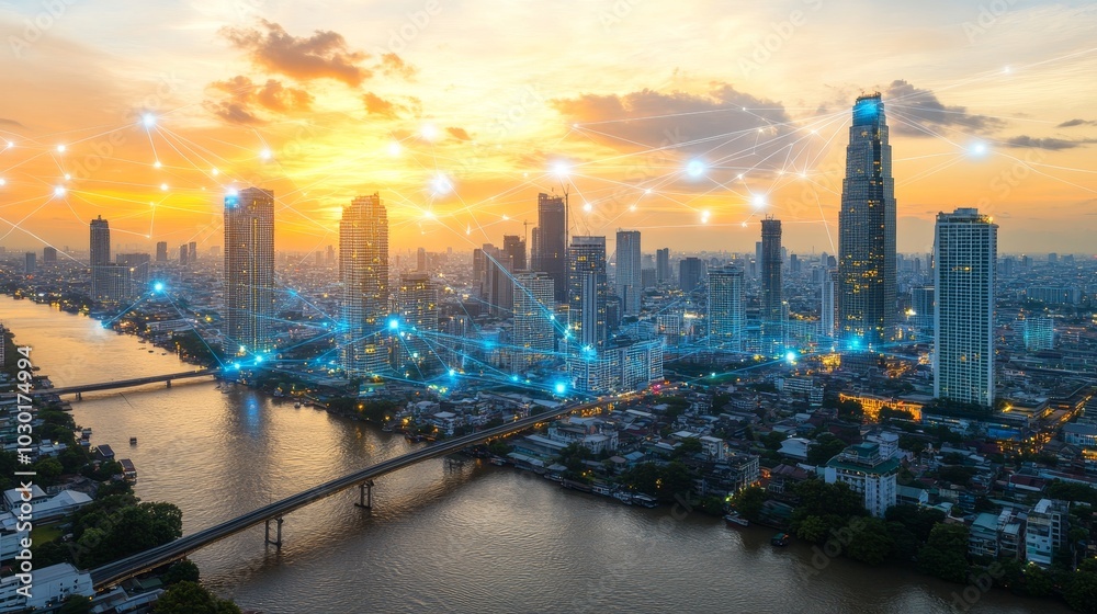 Fototapeta premium Integrated digital city with globalization abstract graphic showing network connections. Future 5G wireless smart digital city concept with social media networks.