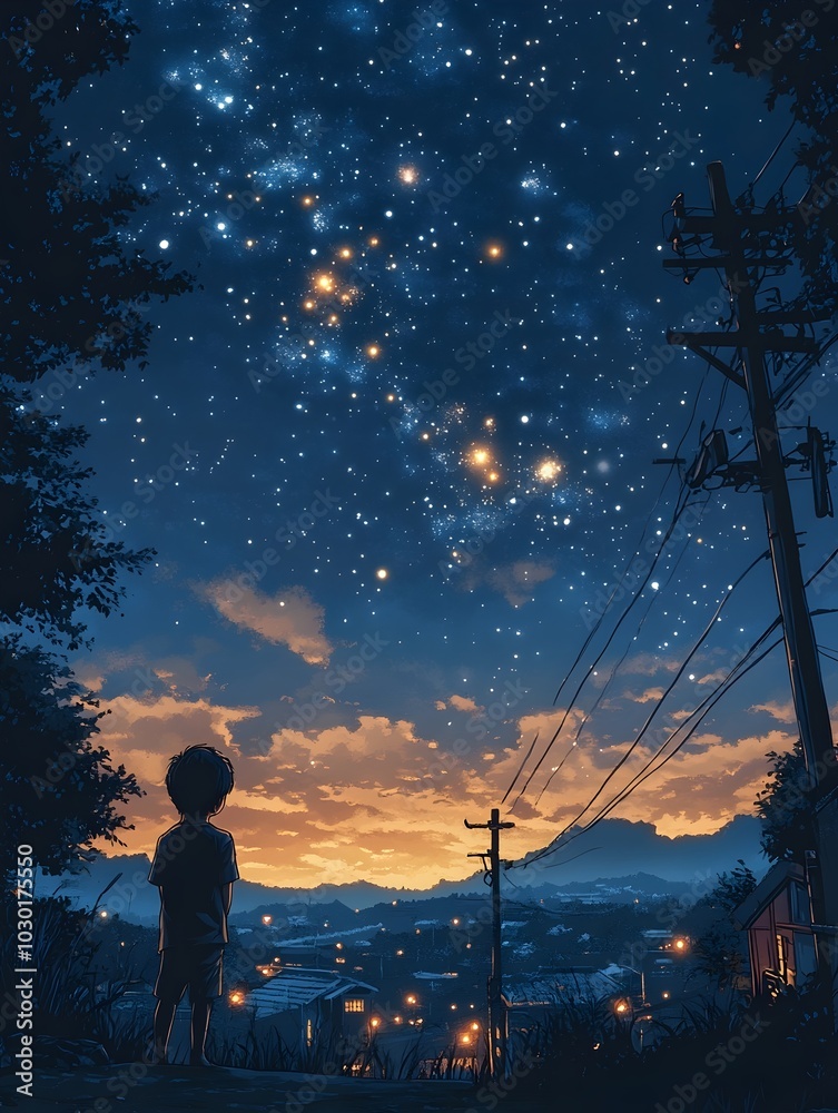 Fototapeta premium A young boy gazes up at a starry sky, filled with twinkling lights, as the last hues of sunset paint the horizon.