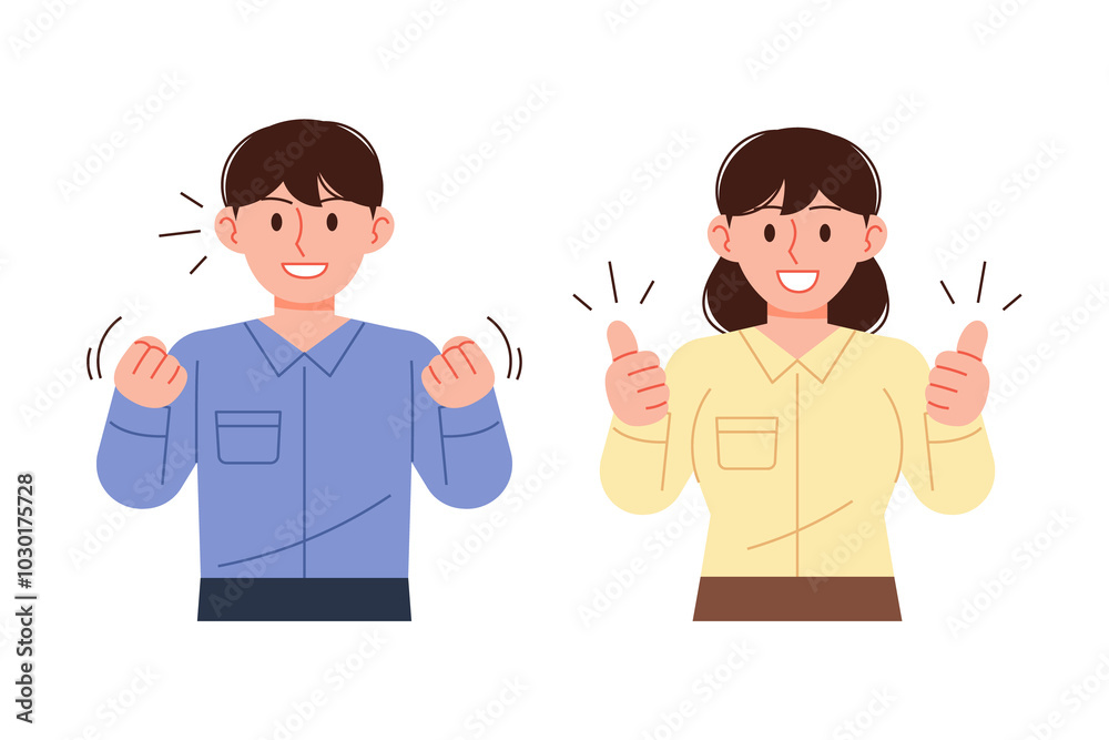 A female office worker and a male office worker are posing in a cheering pose. Thumbs up, confident pose. A female office worker and a male office worker are posing in a cheering pose. Thumbs up, confident pose.