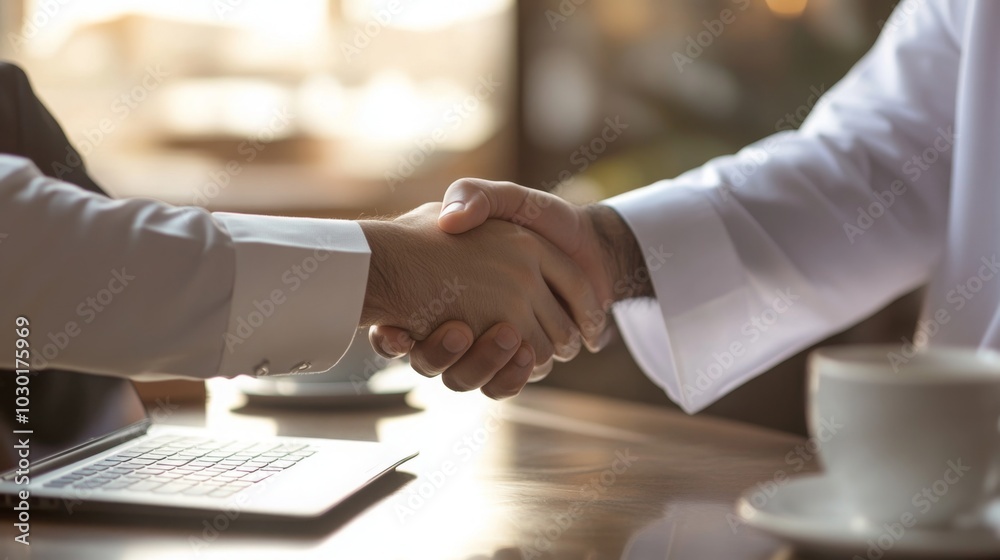 Two individuals are engaging in a handshake at a cafe table, suggesting a successful business discussion. A laptop and a coffee cup are visible, indicating a professional atmosphere. Two individuals are engaging in a handshake at a cafe table, suggesting a successful business discussion. A laptop and a coffee cup are visible, indicating a professional atmosphere.