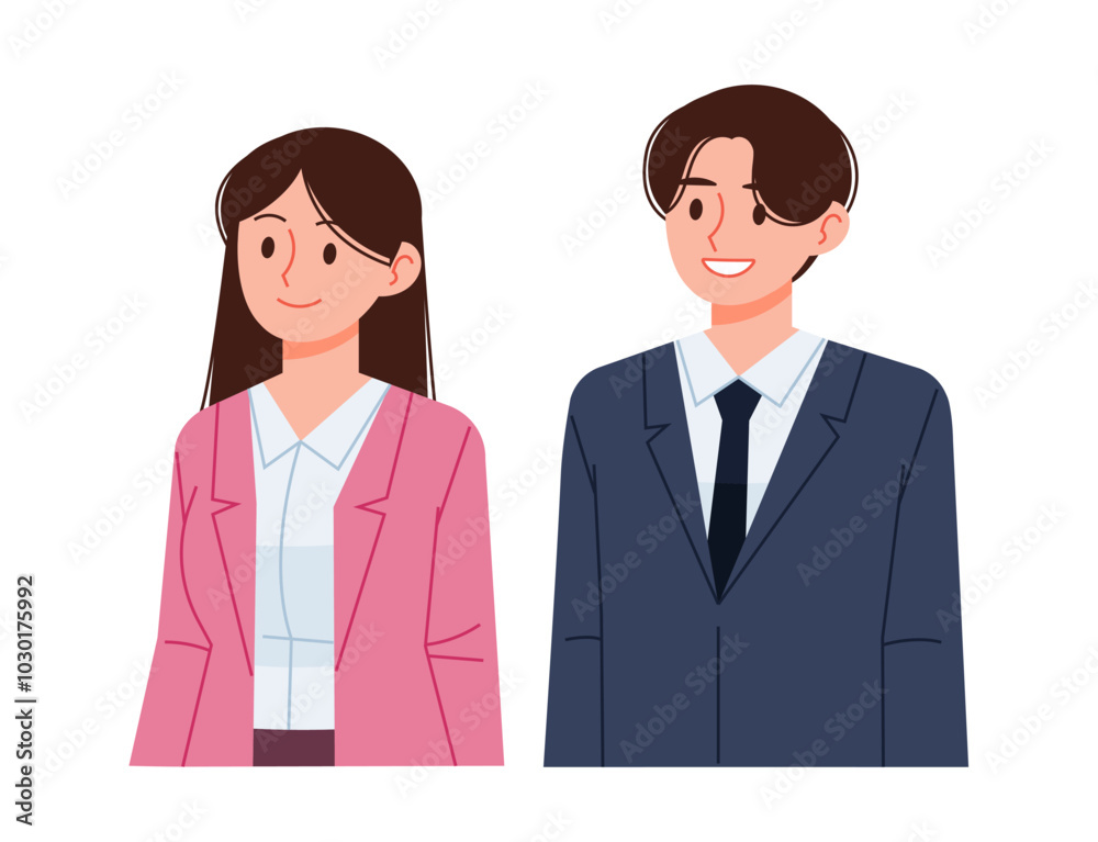 Professional Asian male and female office workers are standing with smiling expressions. Professional Asian male and female office workers are standing with smiling expressions.