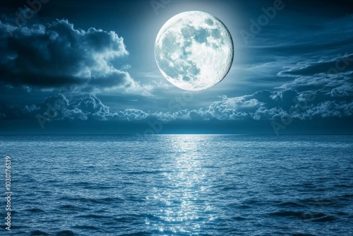 The full blue moon shines brightly over the cloud bank in this calm sea