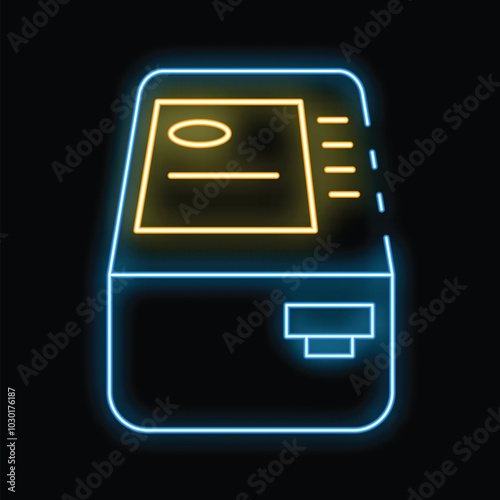 Glowing neon atm machine displaying payment information with illuminated touchscreen and card reader