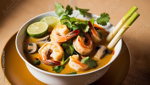 Spicy prawn soup (Tom Yum Goong). photo