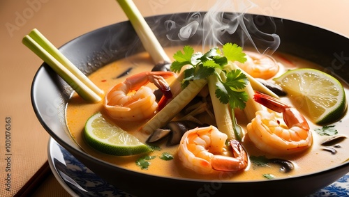 Spicy prawn soup (Tom Yum Goong). photo