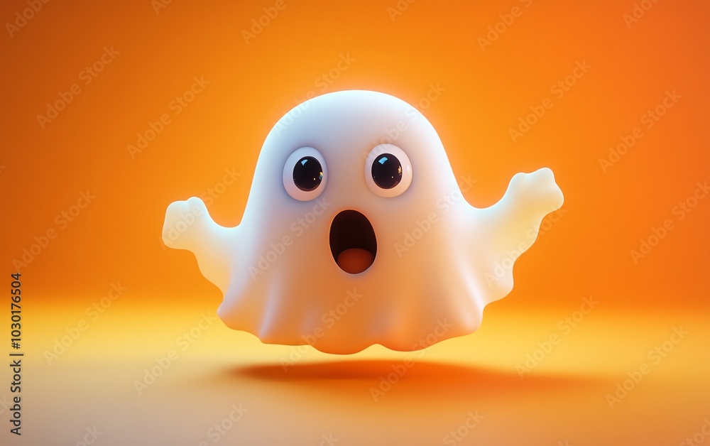Cute cartoon ghost with wide eyes and a surprised expression, hovering against a vibrant orange backdrop, creating a lighthearted and playful Halloween vibe