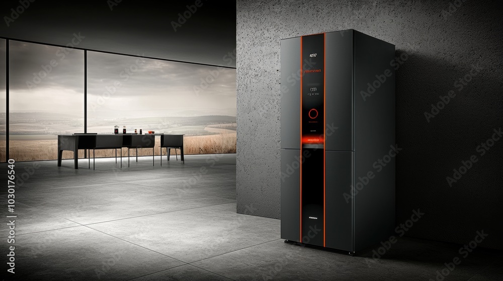 Modern Black Refrigerator with Elegant Design in Interior Modern Black Refrigerator with Elegant Design in Interior