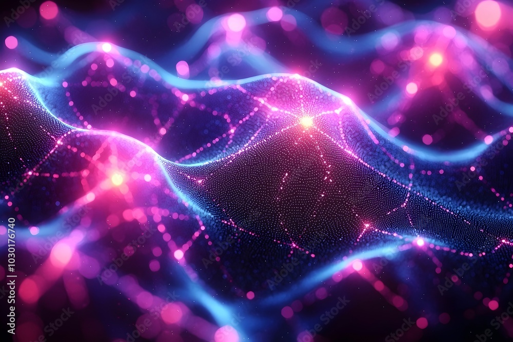 Abstract digital background with pink and blue glowing lines and dots, perfect for technology or science-related projects. Abstract digital background with pink and blue glowing lines and dots, perfect for technology or science-related projects.