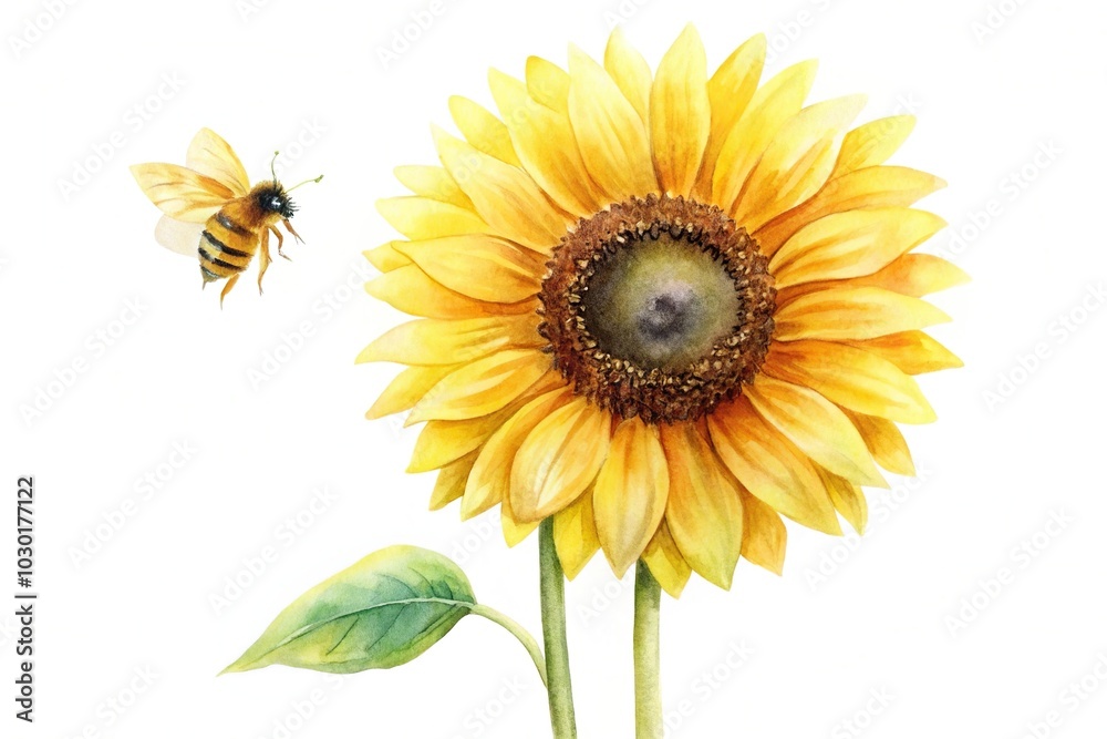 Obraz premium Minimalist watercolor painting, sunflower, bee, isolated, white background