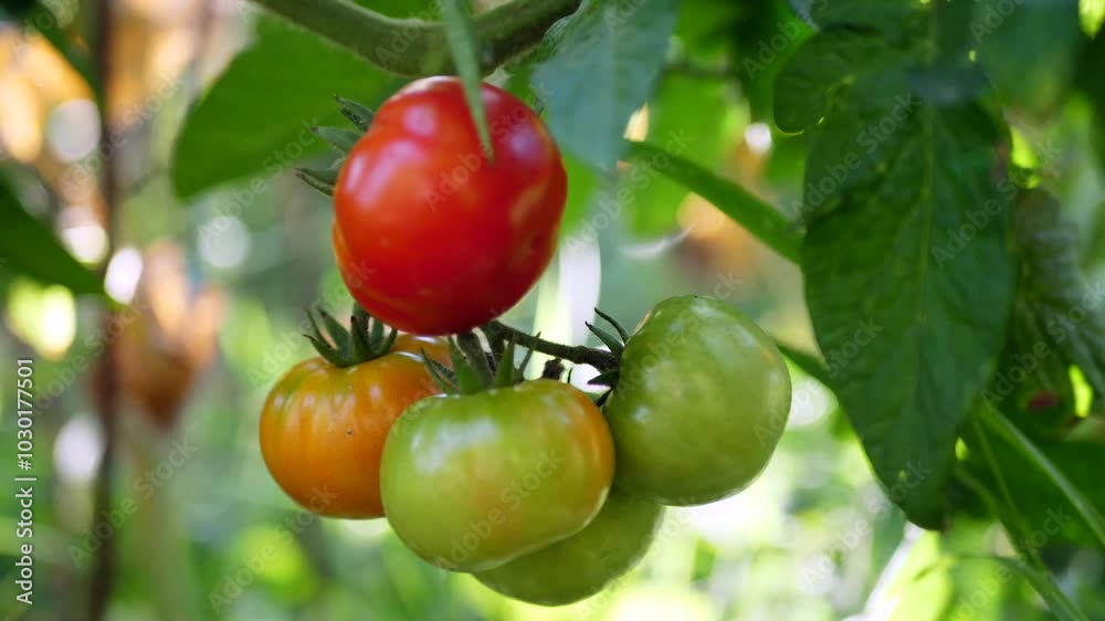 Fresh Organic Cherry Tomato Plants Growing In A Garden. Red and Green Tomatoes on a Branch with green leaves Fresh Organic Cherry Tomato Plants Growing In A Garden. Red and Green Tomatoes on a Branch with green leaves