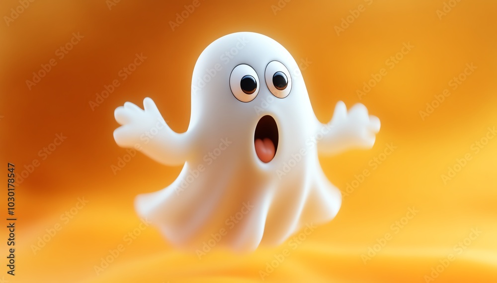 A delightful cartoon ghost with a surprised face, suspended in midair against a bold orange background, adding a whimsical touch to spooky festivities A delightful cartoon ghost with a surprised face, suspended in midair against a bold orange background, adding a whimsical touch to spooky festivities