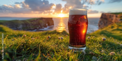 Sunset view over the cliffs with a glass of beer on a grassy hillside in the evening