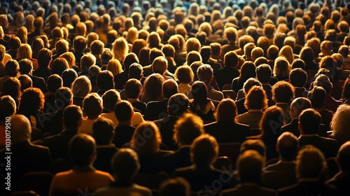 Business conference attendees engaged in discussions, seated in a spacious hall, focused on presentations, networking opportunities, exchanging ideas, dynamic atmosphere.