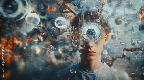 Surreal Portrait Of Human Exploring the Depths of Digital Life  With a Focus on Creativity in a Modern World