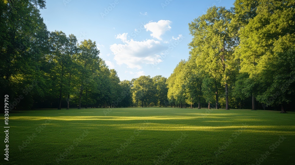 Expansive Grassy Field Beneath Towering Trees - Perfect for Nature and Outdoor Themes Expansive Grassy Field Beneath Towering Trees - Perfect for Nature and Outdoor Themes